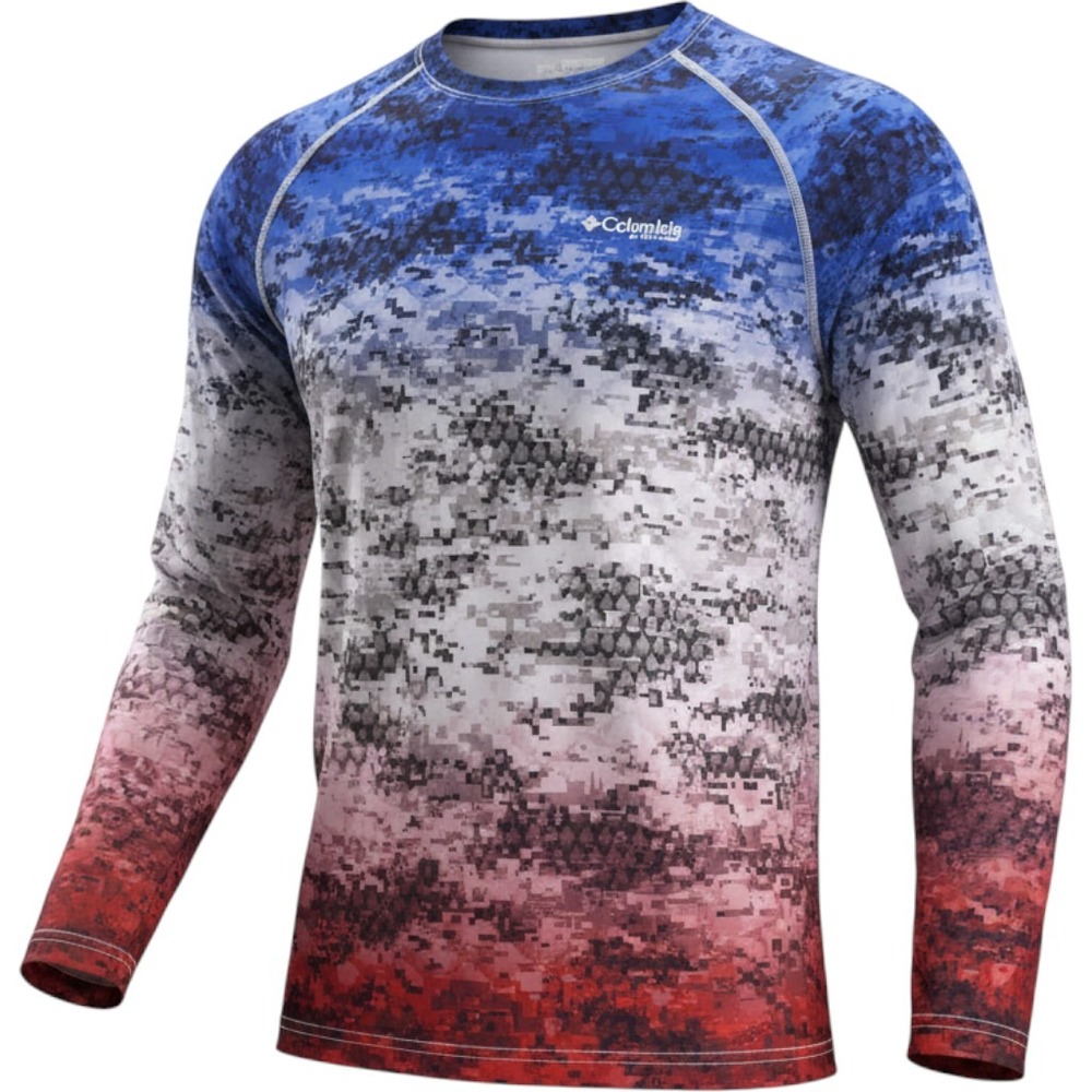 Columbia PFG Mens Small Digital Camo Performance Fishing Shirt Blue Red XM0690